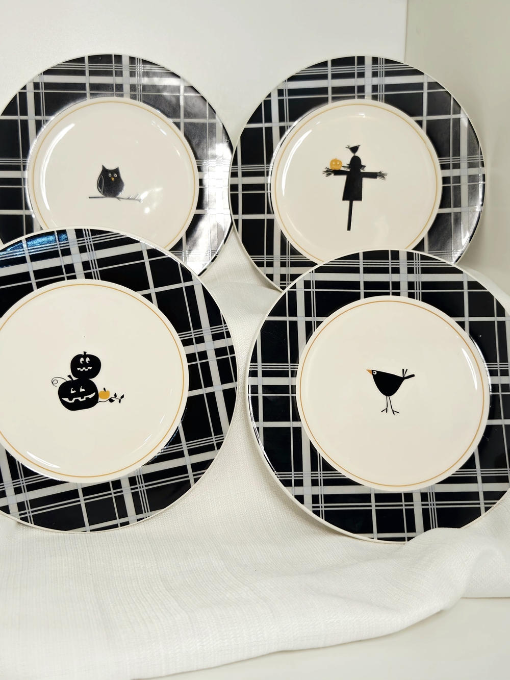 TAG Halloween Plaid Ceramic 7" Plates Set of 4 Owl Crow Scarecrow Pumpkin